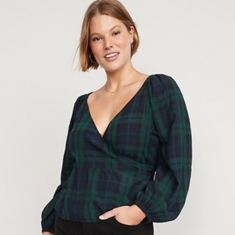 Old Navy Dark Green & Black Plaid Wrap Blouse with Puffed Sleeves